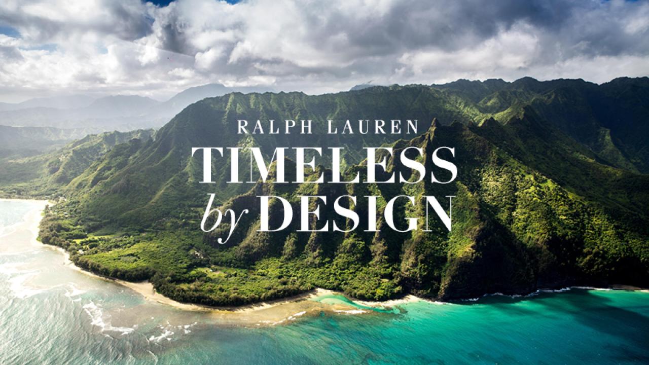 "Ralph Lauren, Timeless by Design" on image of mountain and ocean