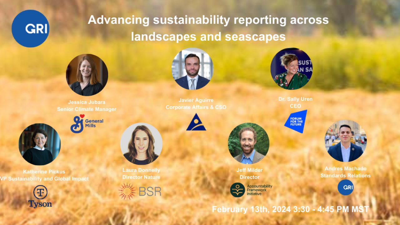 Profiles of different individuals and their respective company logos. "Advancing sustainability reporting across landscapes and seascapes."