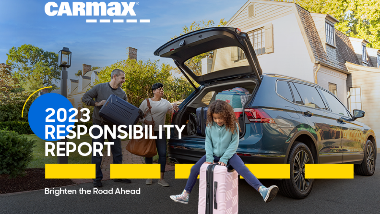 Cover of CarMax's 2023 Responsibility Report depicting a family loading up their car