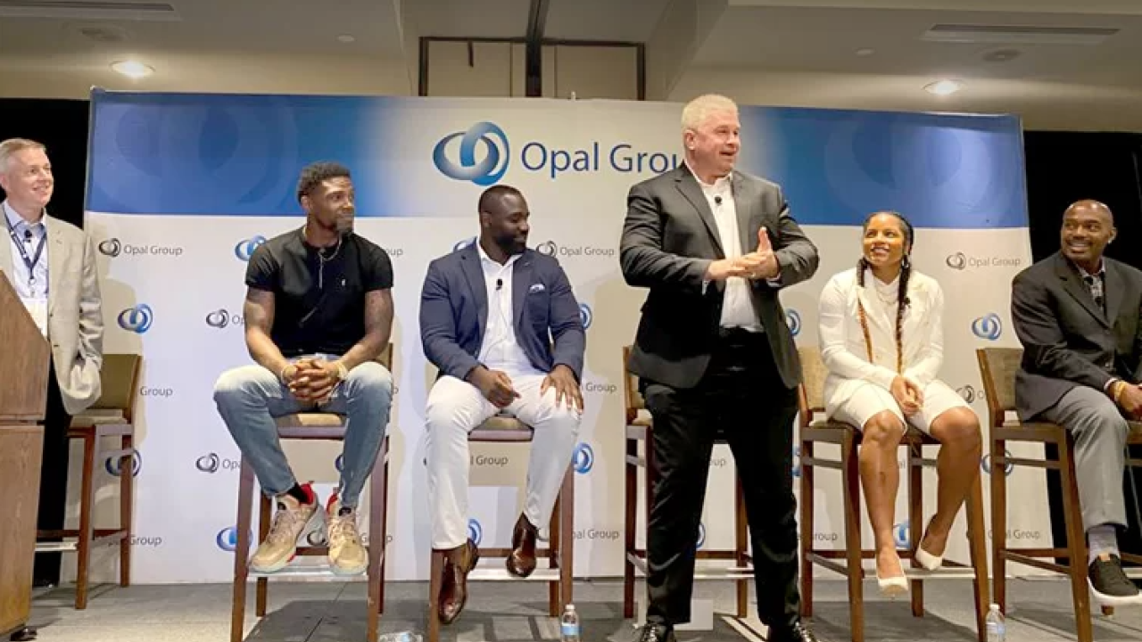 Athletes Panel at the Opal Group Conference in July 2021 in Newport, RI with (left to right) Rick Davis of LOHAS Capital, Udonis Haslem, Shawn Springs, Daniel Puder, Santia Deck, and Tim Hardaway.