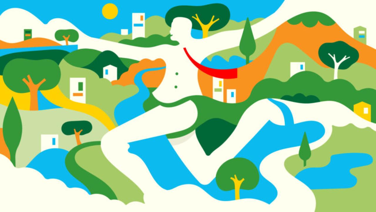 artistic city with roads shaped like a person running