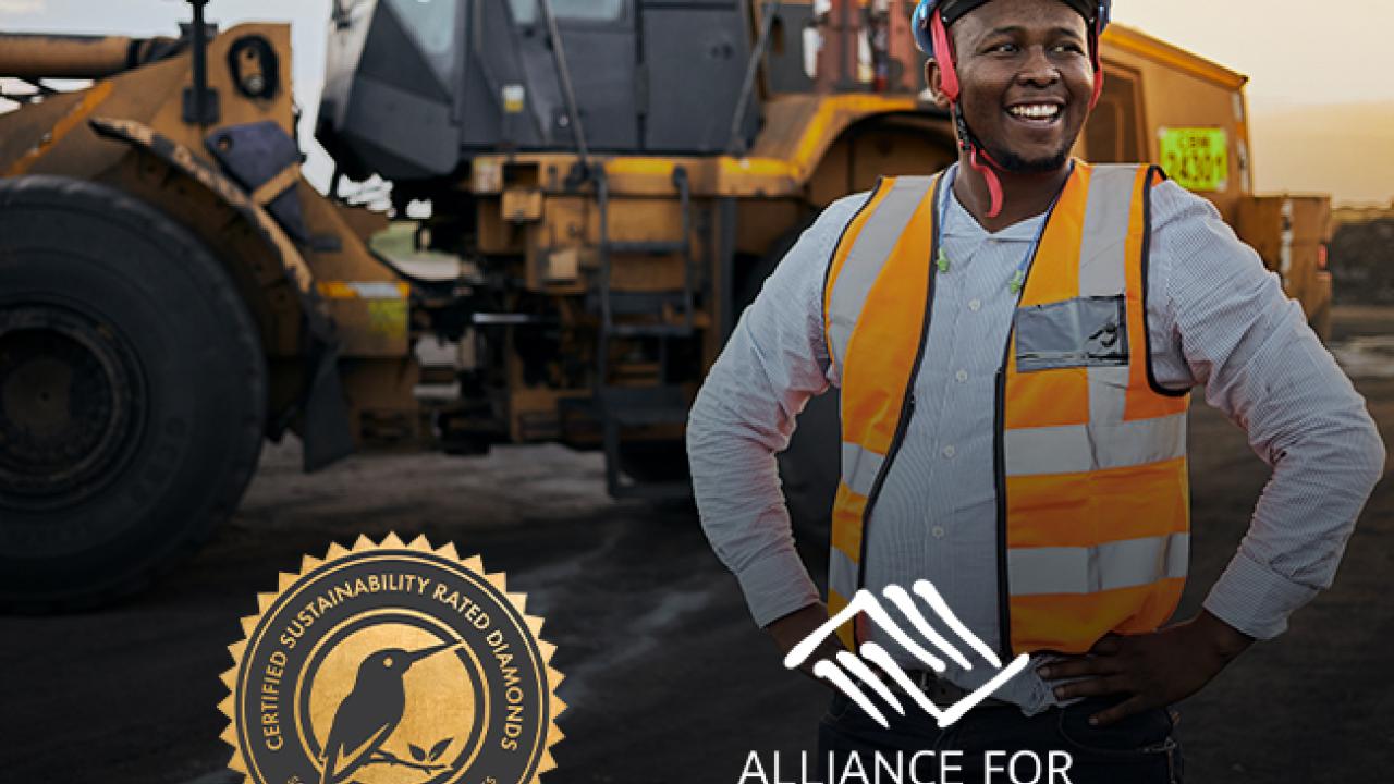 Worker wearing hardhat and orange vest with Alliance for Responsible Mining logo and SCS Global Services (SCS) superimposed