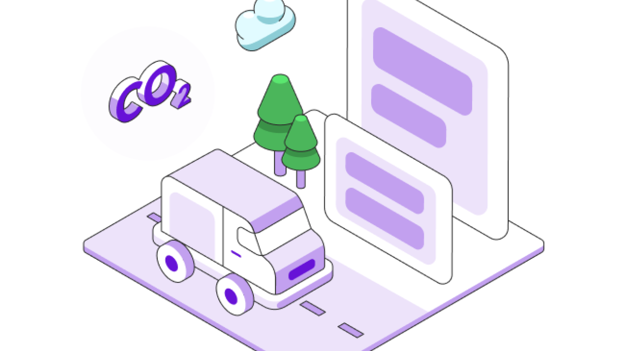 Fleet vehicle drives on a road with a CO2 icon behind it in the air and documents to the side. 