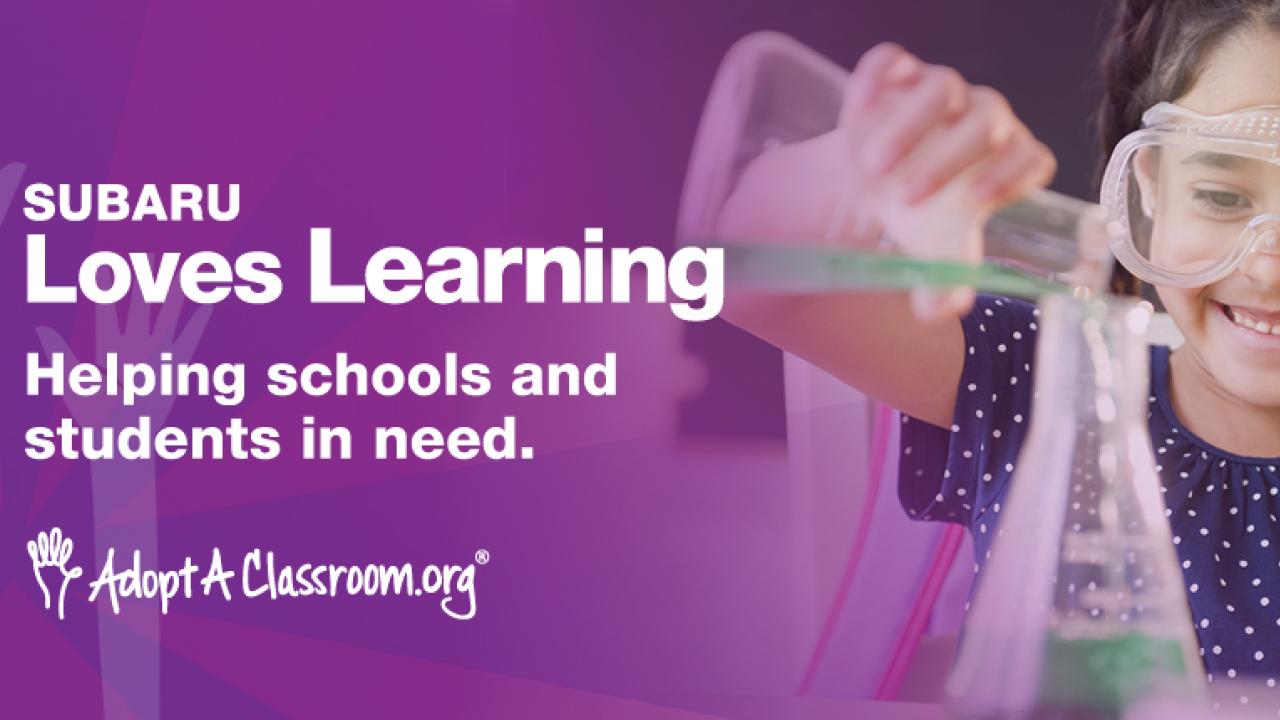 A child pouring liquid from one beaker to another. "Subaru Loves Learning helping schools and students in need"