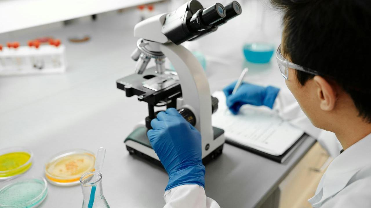 Scientist using microscope in laboratory