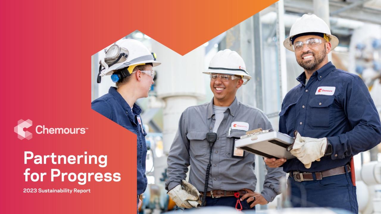 "Chemours Partnering for Progress" with people working and smiling