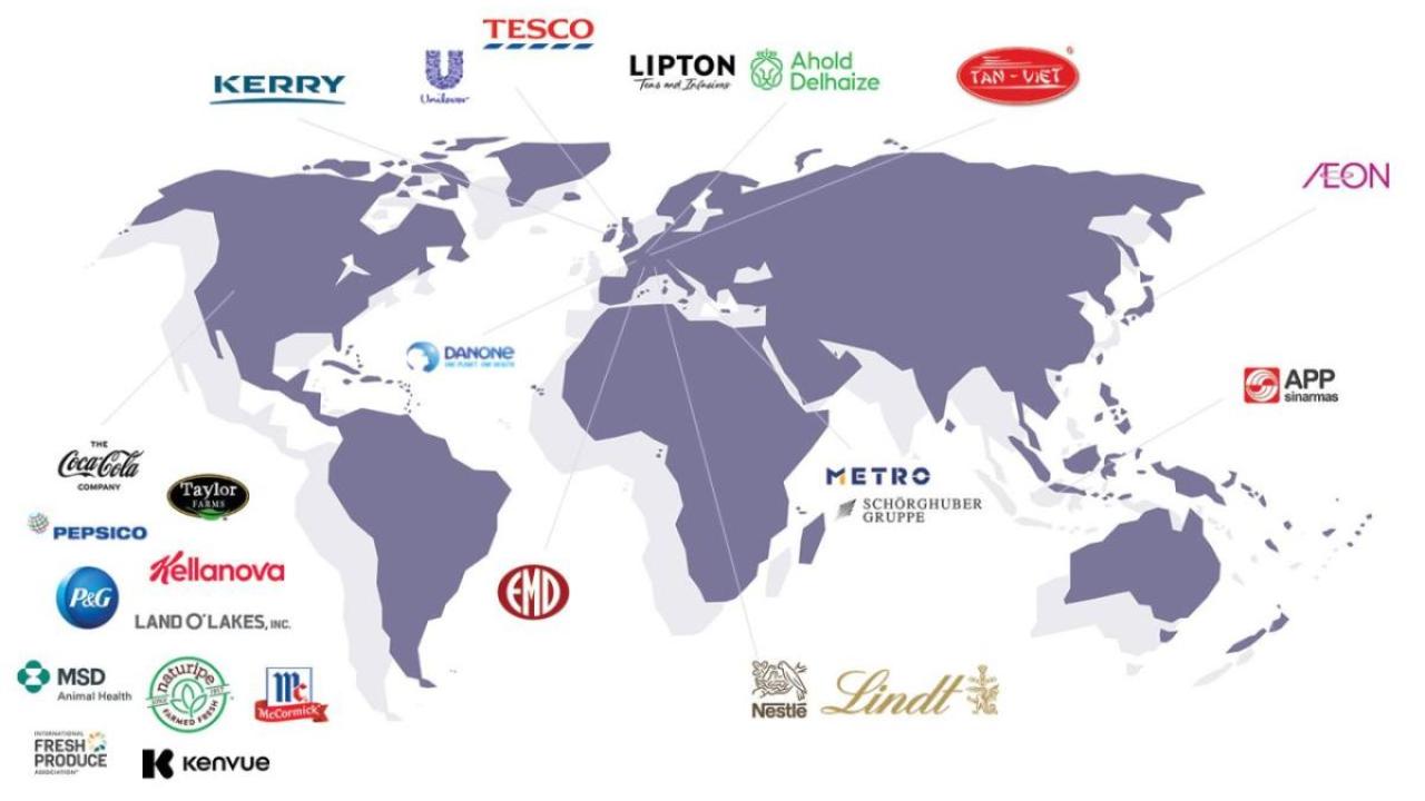 World map with SSCI member company logos 