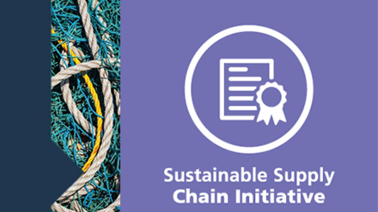 A purple background with white text that reads "Sustainable Supply Chain Initiative", above is an illustration of a certificate and rosette