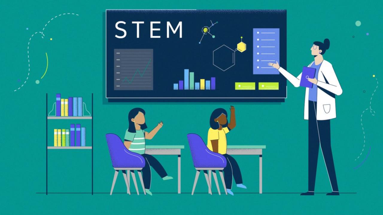 abstract image of two children in school setting with teacher pointing to blackboard of STEM graphs and shapes