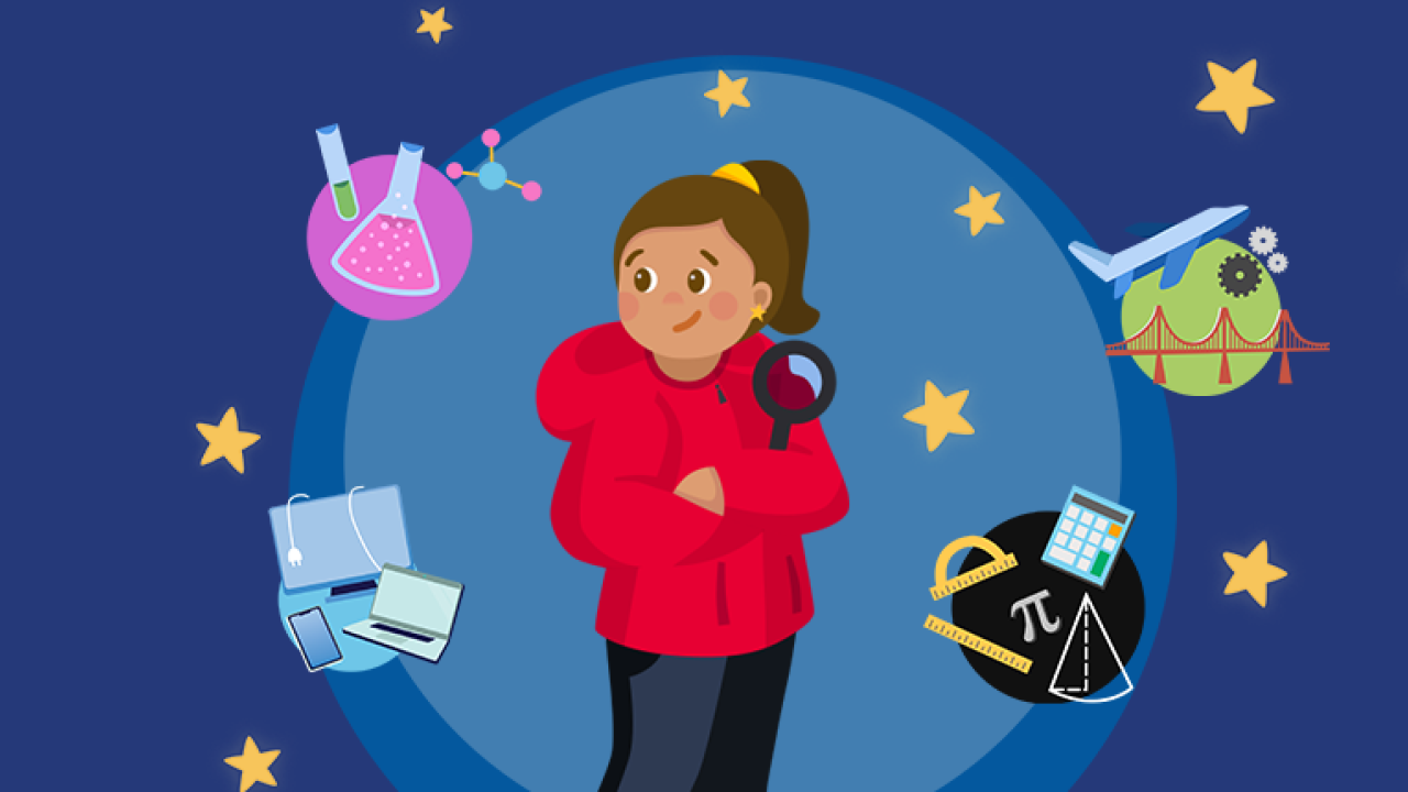 drawing of girl with STEM icons around her