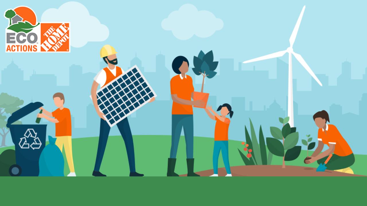 The Home Depot Sustainability Squad: Illustration of people planting flowers and recycling.