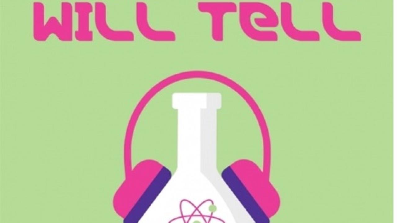 Science will tell with a beaker wearing headphones