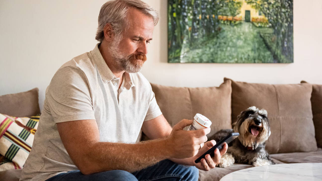 Man looking at medicine bottle while picking up the phone