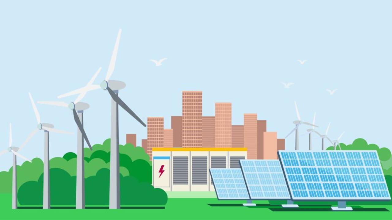 building, windmills and solar panels
