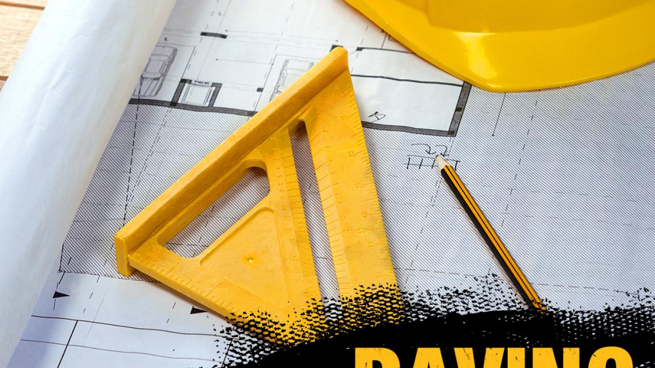 Construction blueprint with text overlaid reading, "DEWALT Trades Scholarship: Paving the Way"