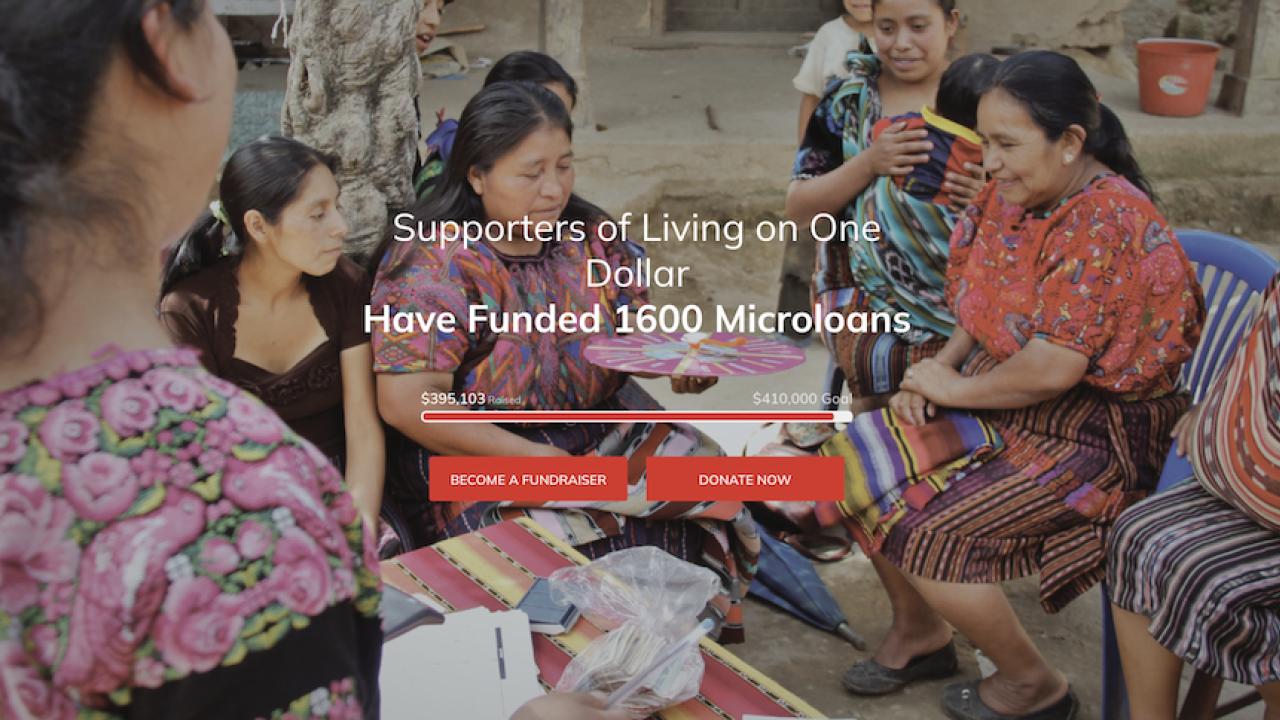 Several women sitting together with a text overlay reading, "Supporters of Living On One Dollar have funded 1600 microloans"