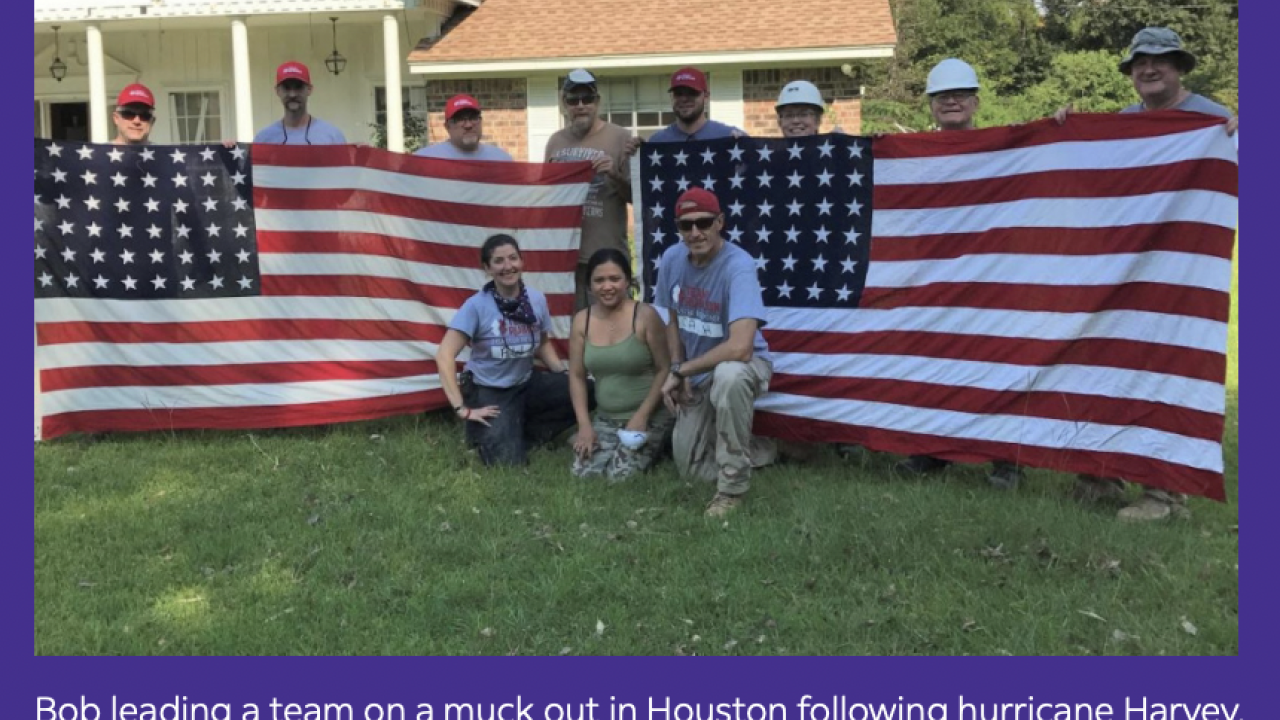 Bob leading a team on a muck out in Houston following hurricane Harvey. Photo courtesy of Team Rubicon