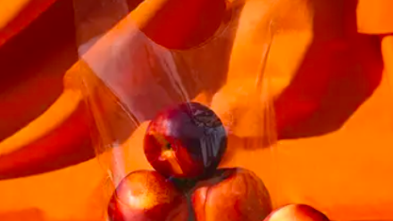 peaches in a compostable plastic bag made of seaweed