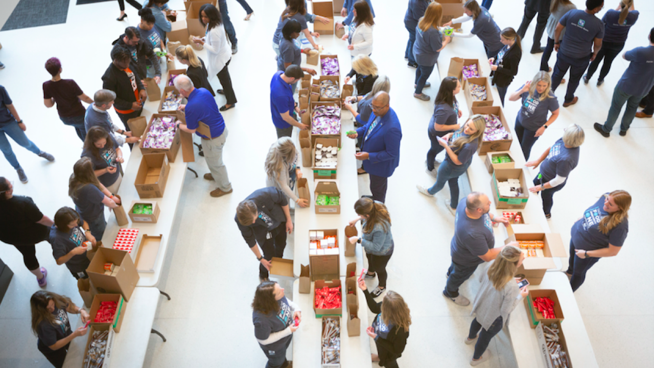 Overhead photo of people packing food