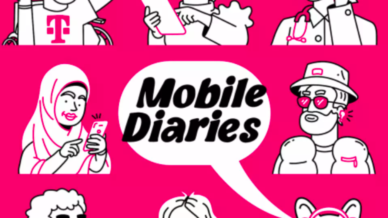 Illustration of people using their phones with text that says, "Mobile Diaries"