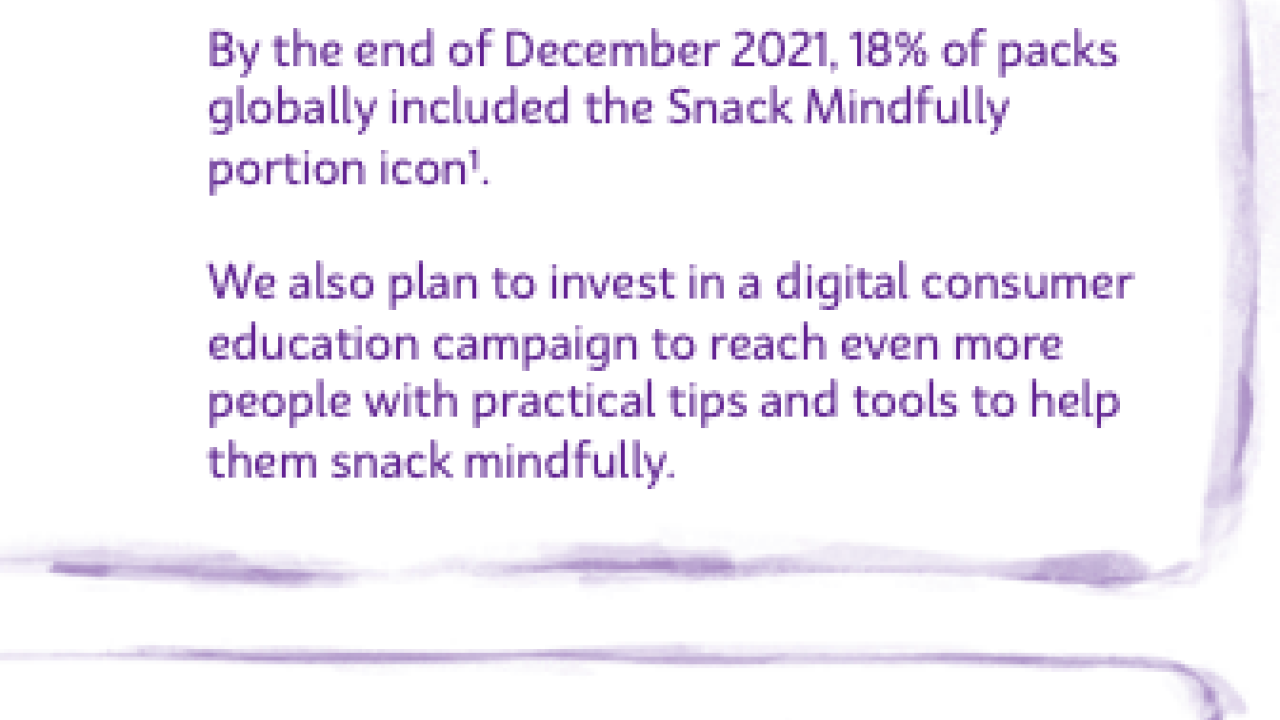 By the end of December 2021, 18% of packs globally included the Snack Mindfully portion icon1. We also plan to invest in a digital consumer education campaign to reach even more people with practical tips and tools to help them snack mindfully.