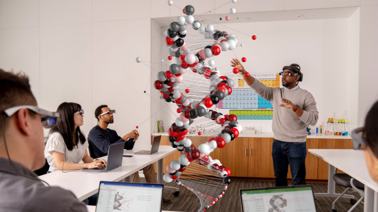 Teacher and students using AR in the classroom