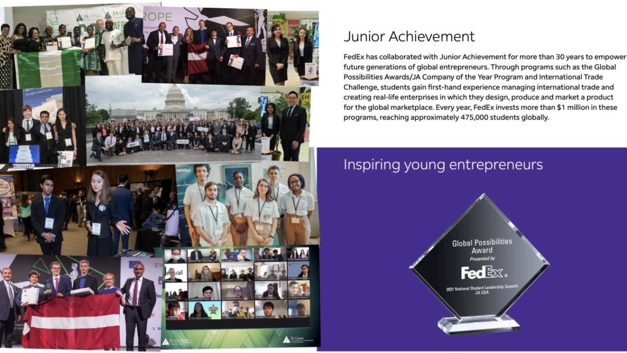 photo collage of Junior Achievement participants and the FedEx Global Possibilities award
