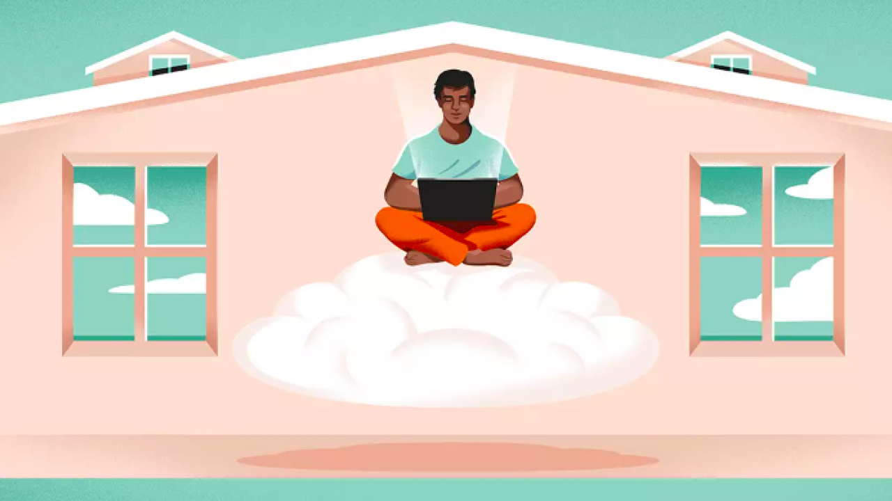 illustration of person working on a laptop in a house 