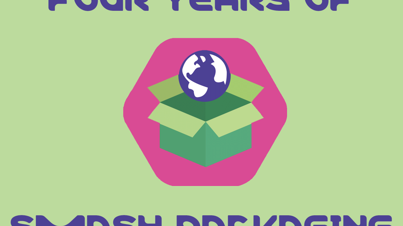 Purple letters that read, "Four years of smash packaging" border a hexagon that highlights a box and various graphics such as scissors and a globe. 