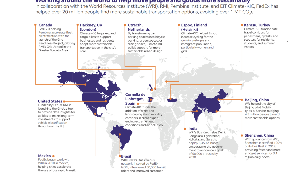 Map showing how FedEx is working around the world to help move people and goods more sustainably