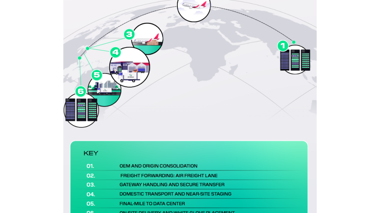 Graphic showing DP World's end-to-end data center logistics flow.