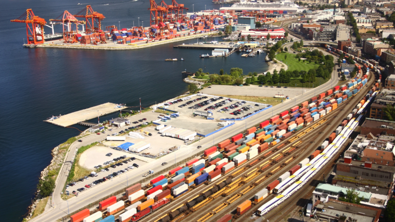Overview of port, container yard, and adjacent railway