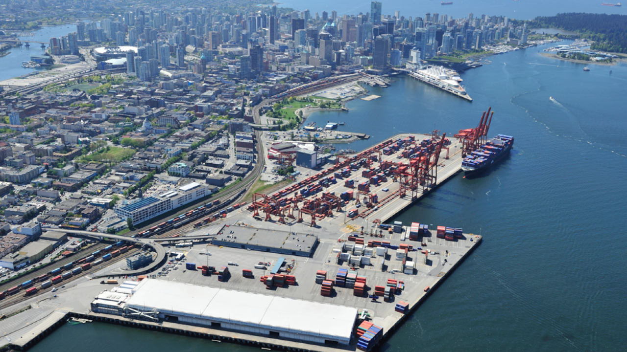 Aerial view of DP World's container terminal at the Port of Vancouver