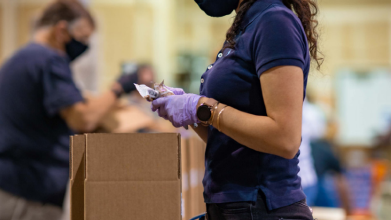Person packing food in assembly line