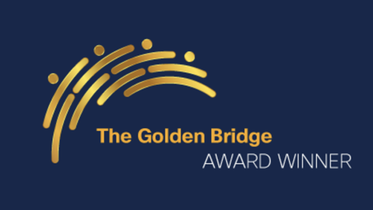 "The Golden Bridge award winner" and logo on a dark blue background