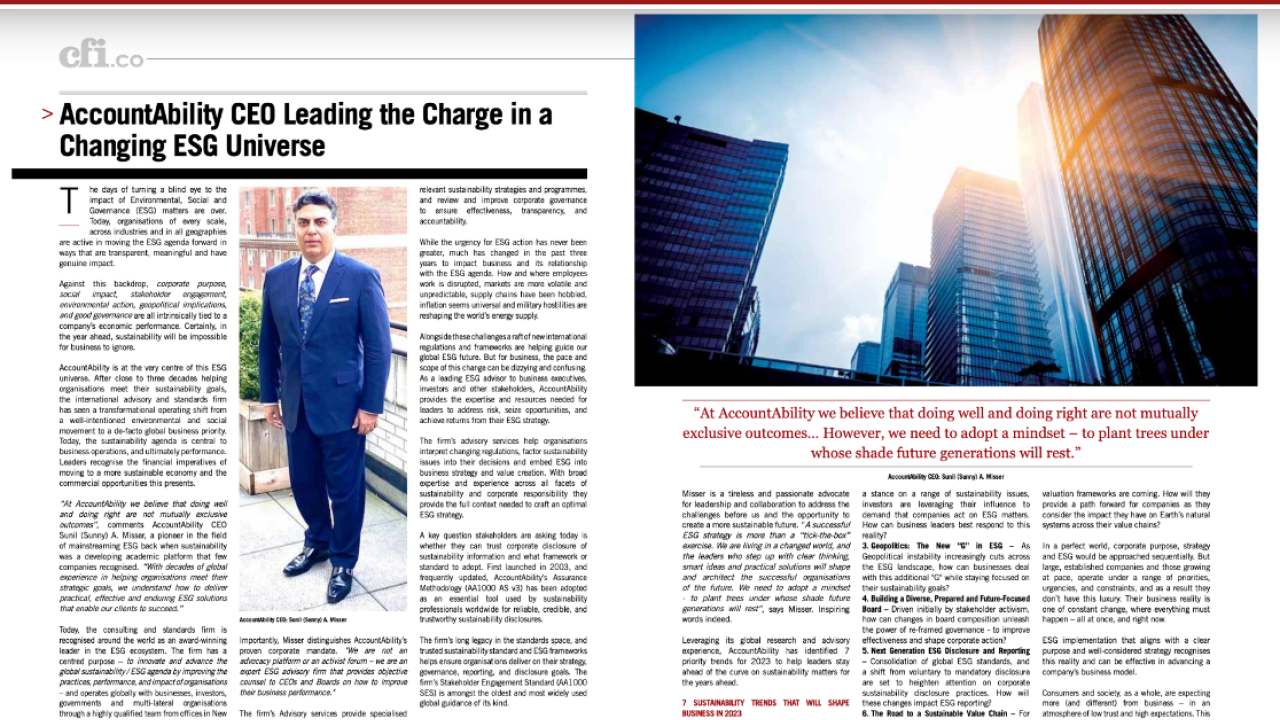 AccountAbility CEO Sunil (Sunny) A. Misser featured in the Spring issue of CFI.co