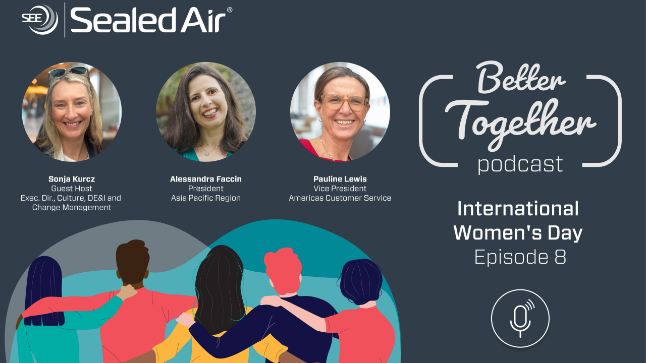 Headshots of Sealed Air employees heard on Ep. 8 of the company's podcast: Sonja Kurcz, Alessandra Faccin, and Pauline Lewis
