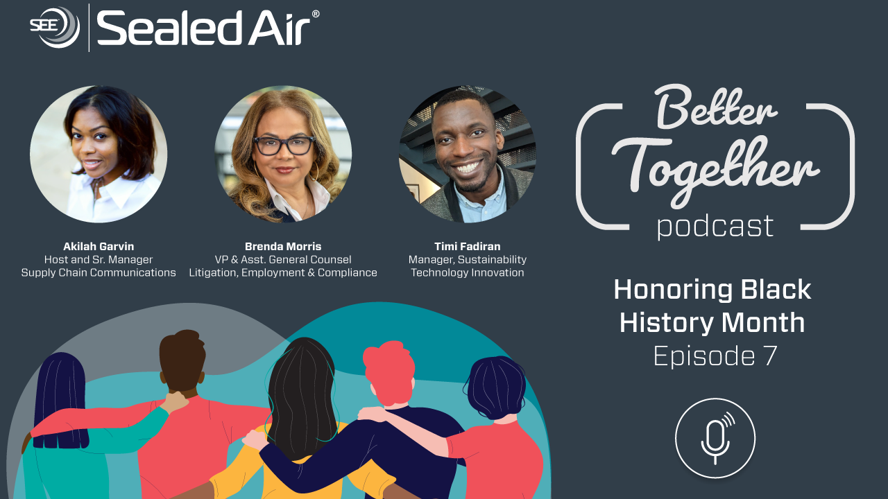 Headshots of Sealed Air employees heard on Ep. 7 of the company's podcast: Akilah Garvin, Brenda Morris and Timi Fadiran