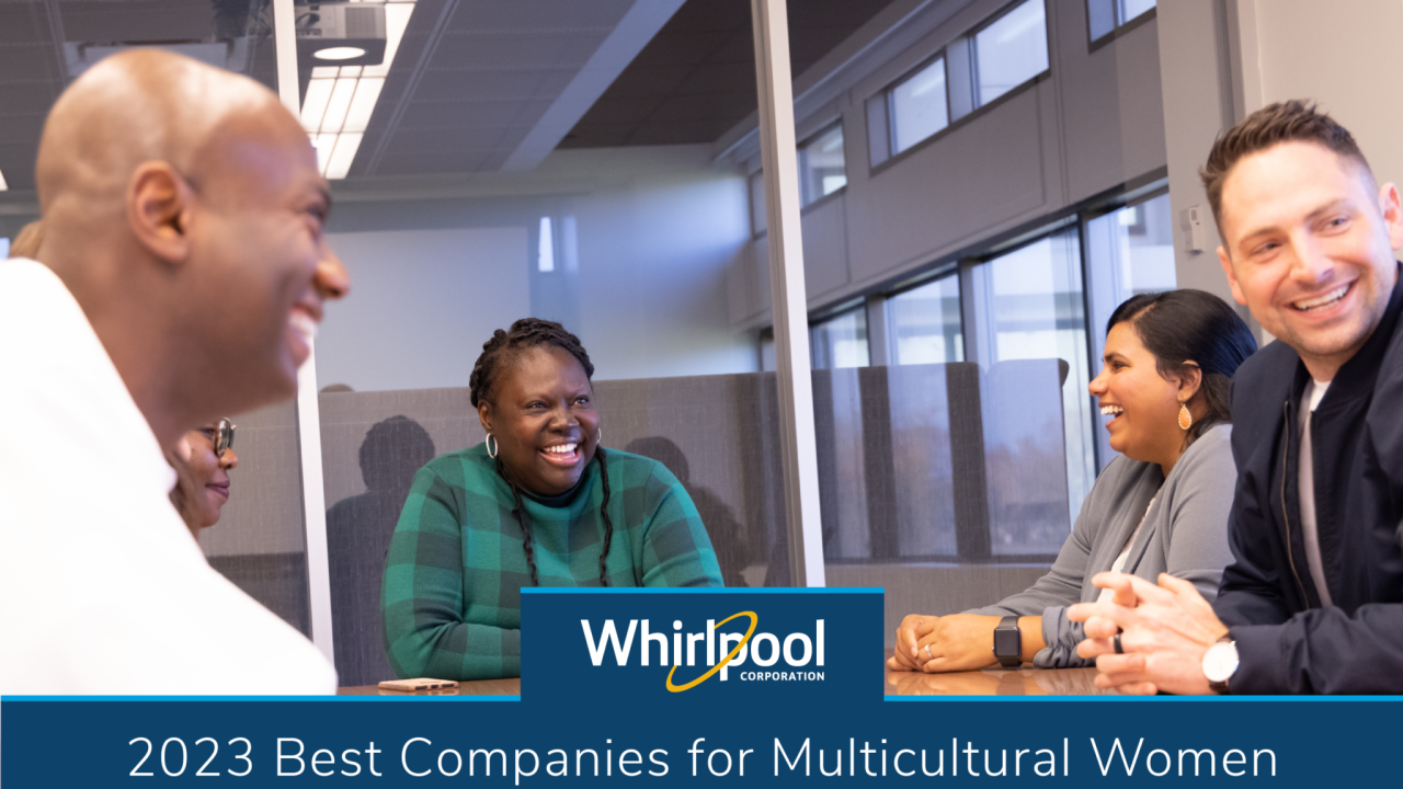 People in an office laughing. Whirlpool logo and "2023 Best Companies for Multicultural Women"