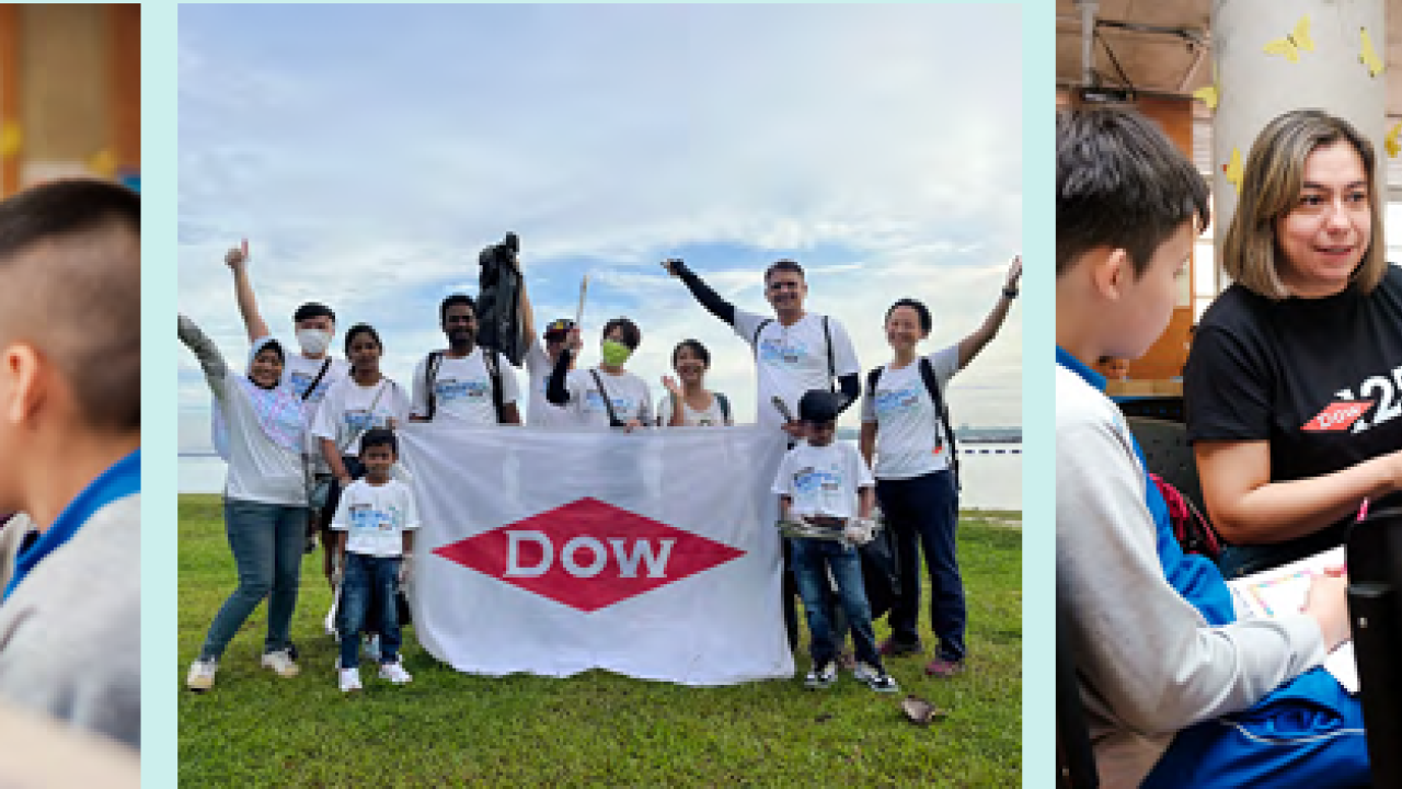 Collage of three photos. An adult and child looking at a piece of paper on a desk, A small group with raised hands behind a "Dow" sign, and An adult showing two children a sheet of paper.