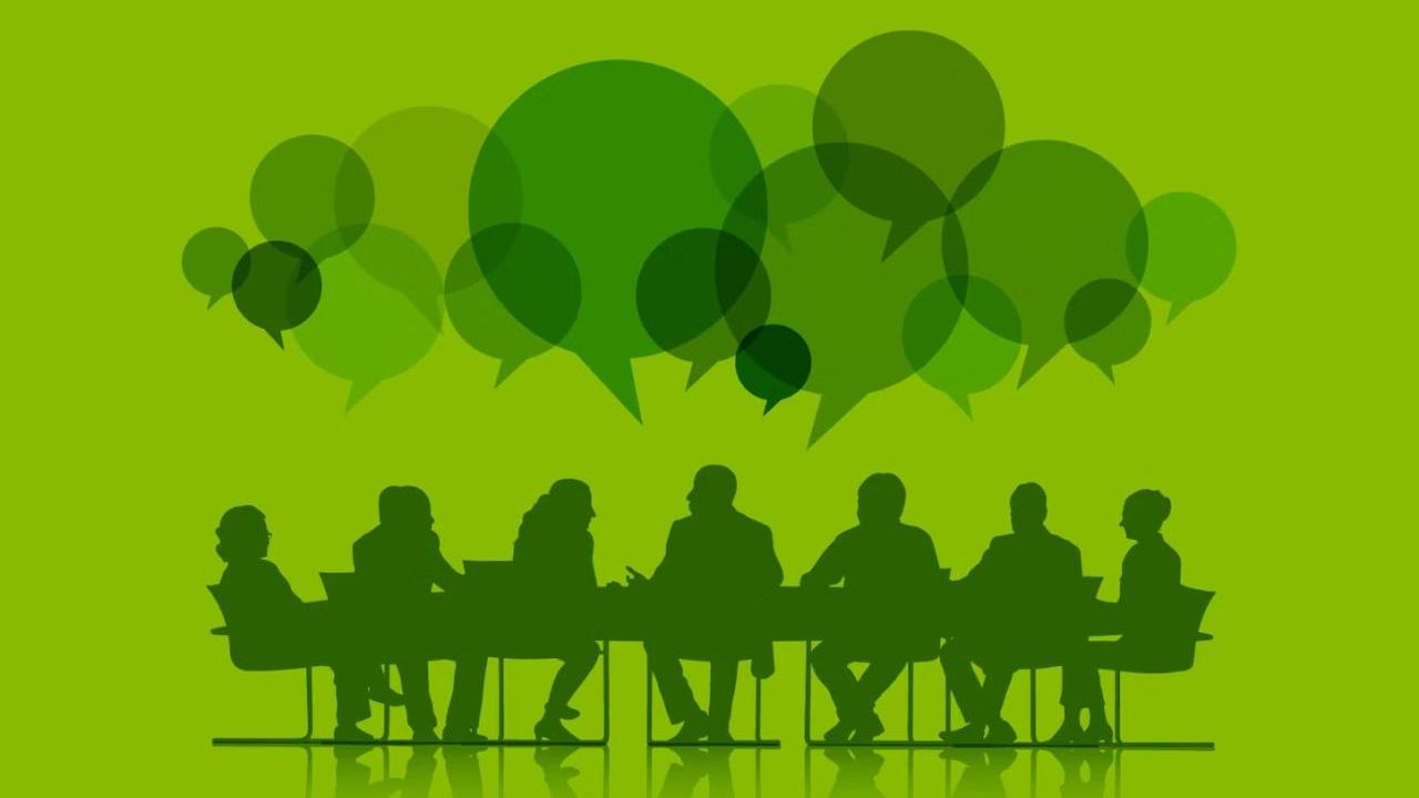 Illustration of silhouettes of people sat at desks with think bubbles above their heads