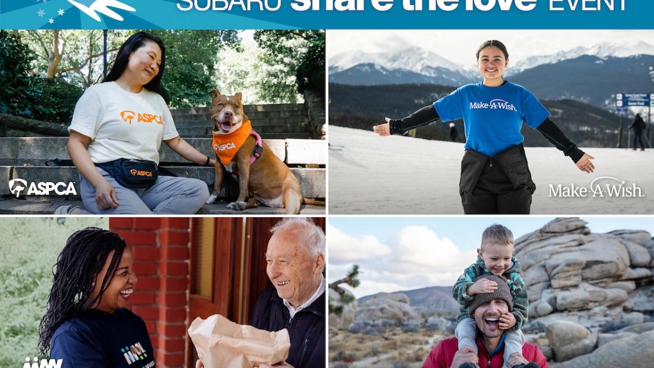 Subaru Share the Love Event with images of happy people and a dog