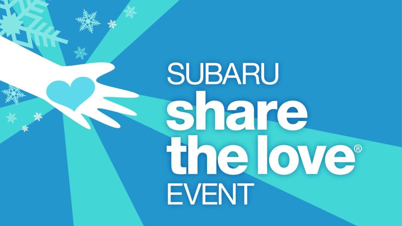 White text that reads "Subaru Share the Love® Event" on a blue background with an illustration of a hand with a love heart in the centre