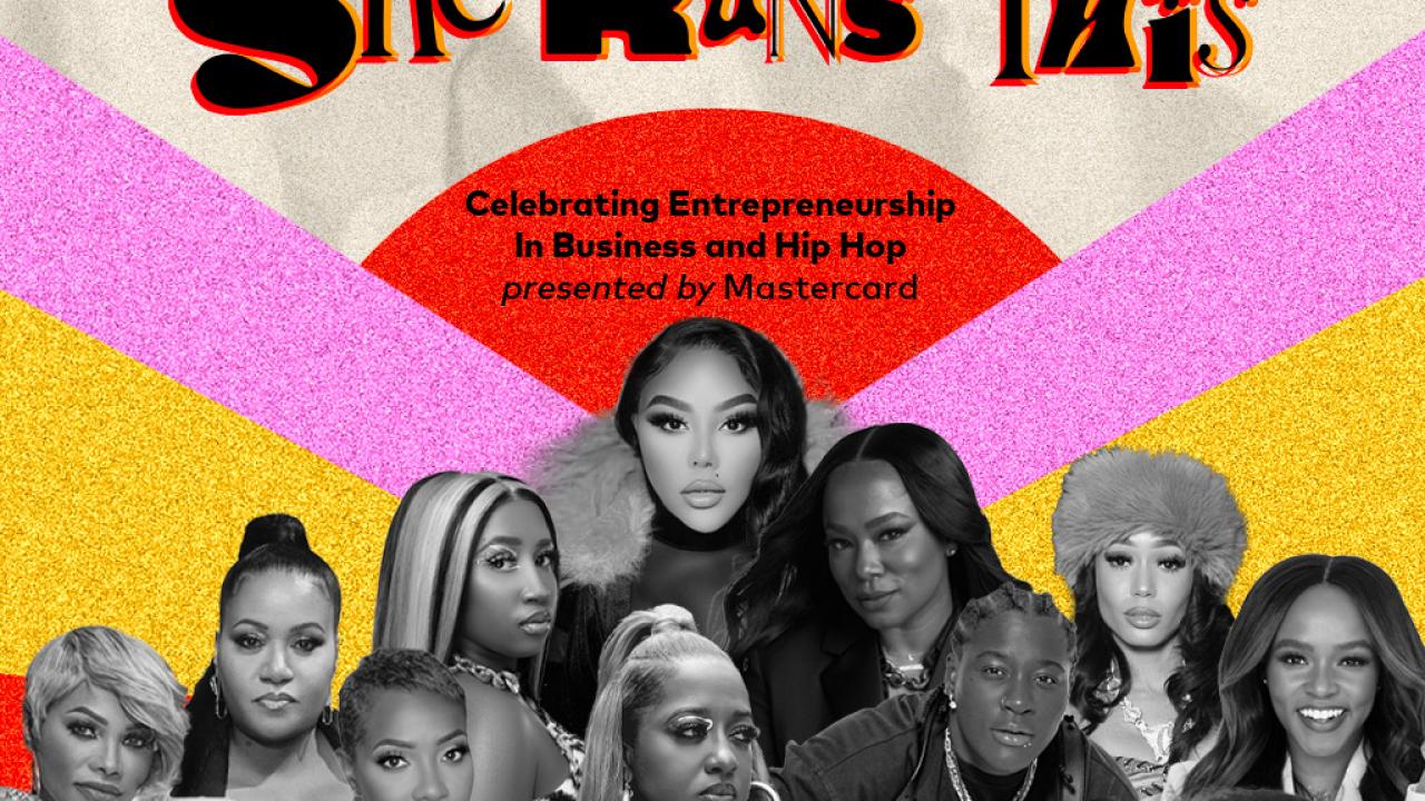 A group of black and white profiles in a pyramid shape. Femme it Forward, Mastercard, and Hip Hop 50 logos on top. "She Runs This" and "Celebrating Entrepreneurship for Business and Hip Hop presented by Mastercard" under the logos. Ab abstract sunrise in red pink and yellow behind the profiles.
