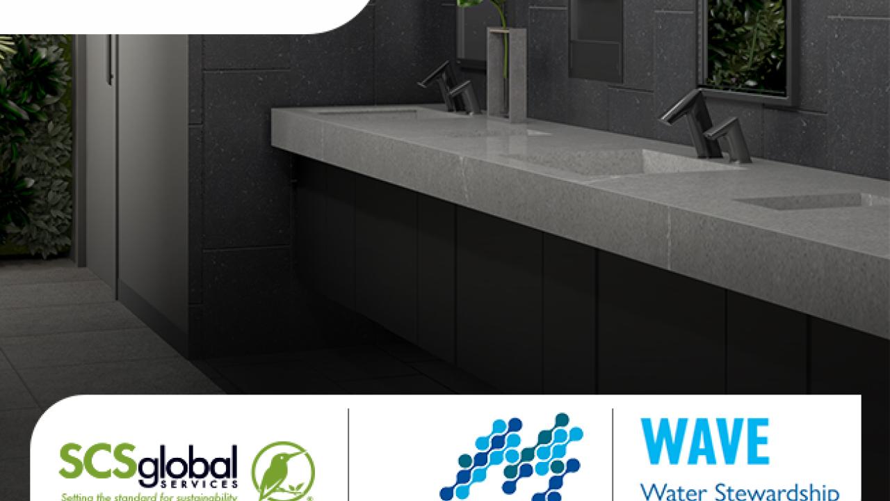 logos for Sloan, SCS Global, The Water Council, and WAVE superimposed on image of sink