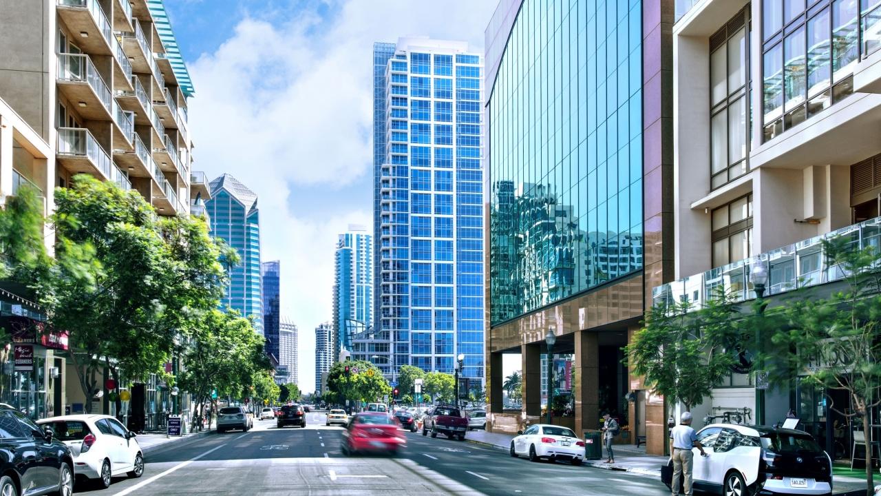Cityscape with car driving