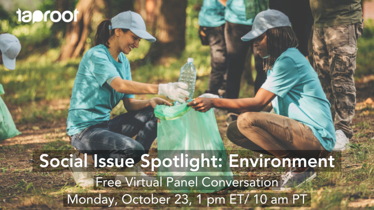 Volunteers kneel down as they clear trash from a forest. Text overlay promotes Taproot's October 23 panel featuring nonprofit leaders.