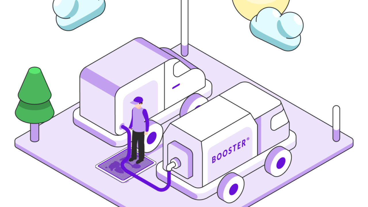 Illustration of a Booster service professional fueling a purple van. 