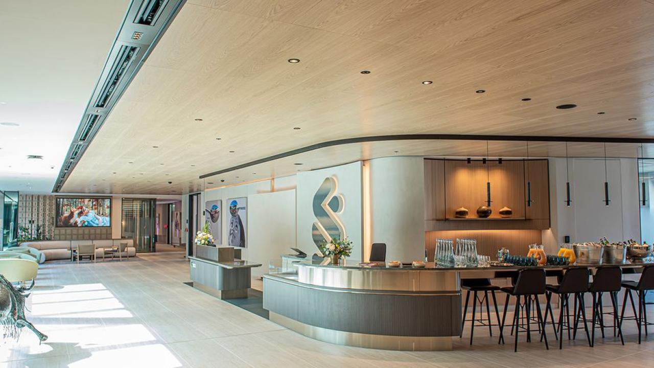 Open lobby with kitchen
