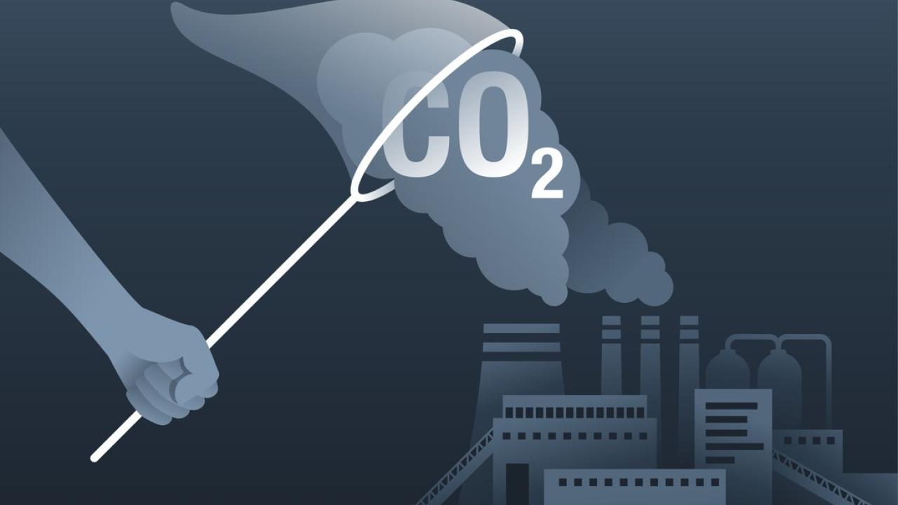 Butterfly net over steel factory, catching CO2